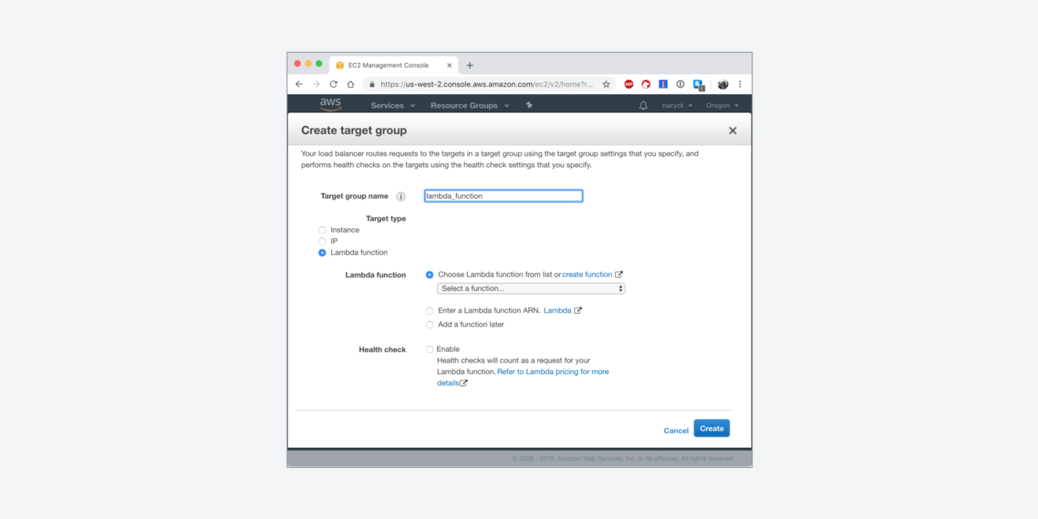 AWS 웹콘솔 - 람다 타입의 타깃그룹 생성 화면