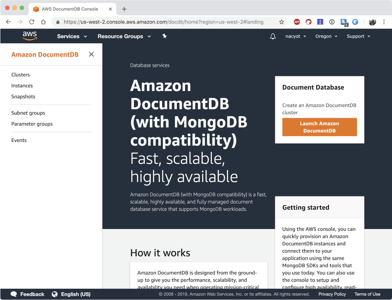 AWS 웹콘솔의 도큐먼트DB 서비스