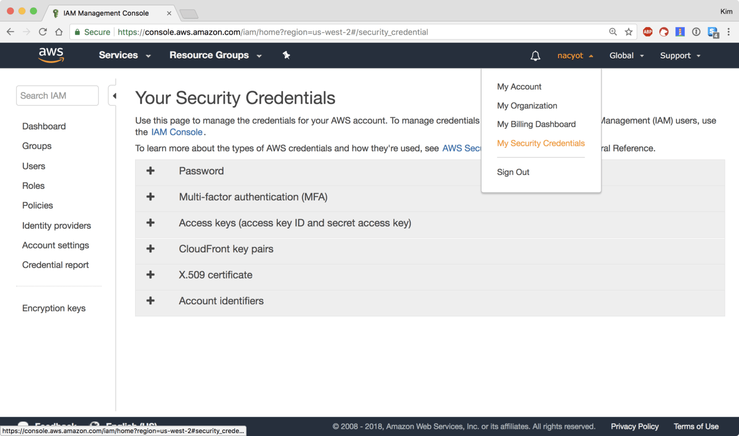 My Security Credentials 페이지로 이동합니다