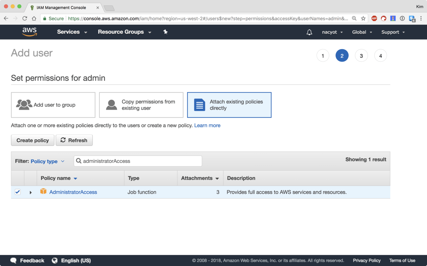 사용자 생성 2단계: 새로 생성하는 사용자에게 AdministratorAccess 권한을 부여합니다